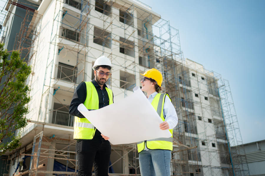 Construction workers reviewing plans