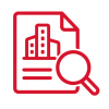 Icon with search and commercial building identifying development loan required